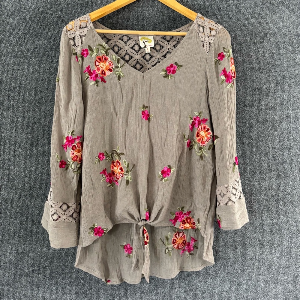 fig and flower Taupe Floral Embroidered Tie-Front Blouse